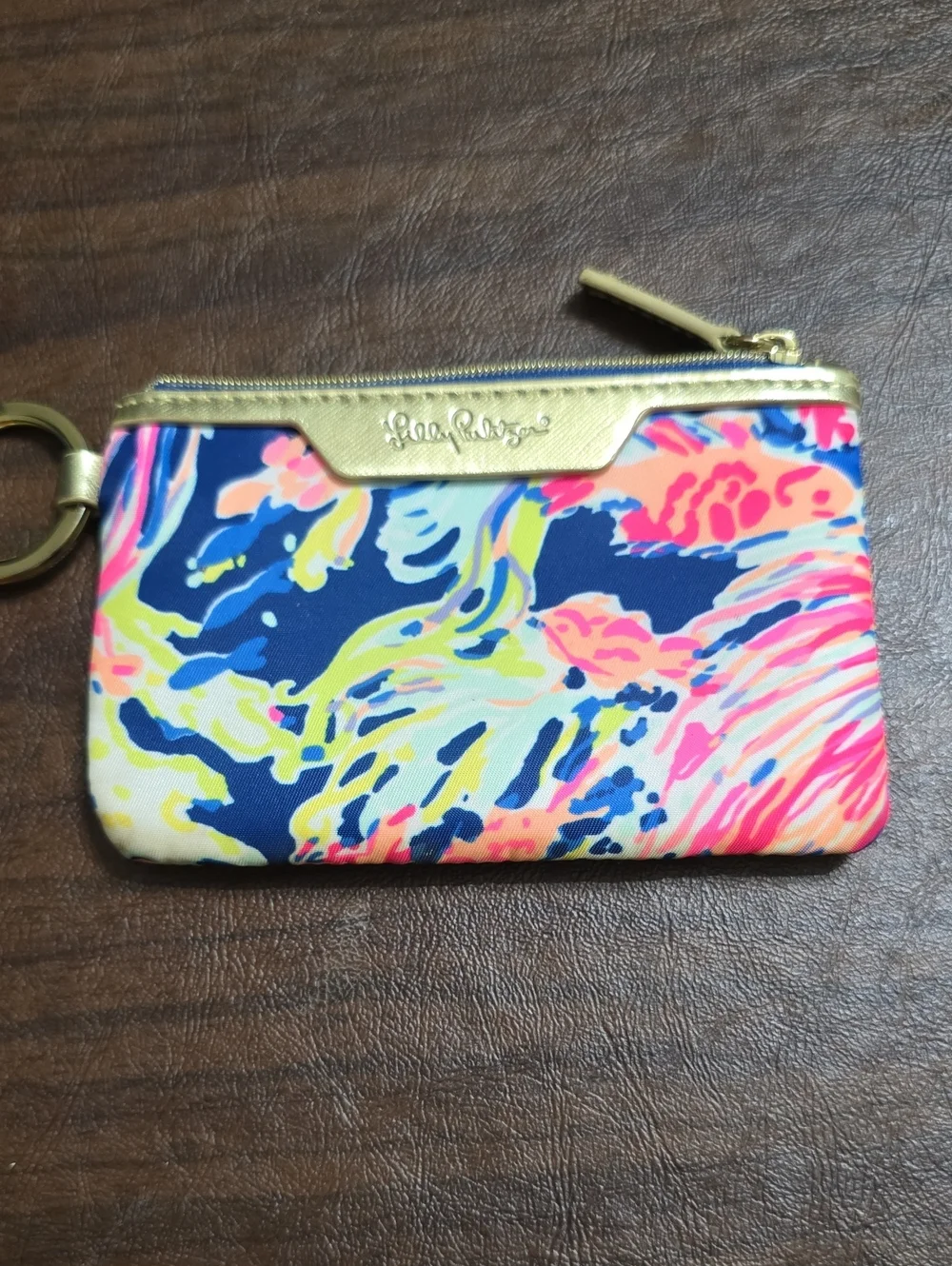 Lilly Pulitzer Navy Pink Yellow Multicolor Key Pouch with Gold Accent
